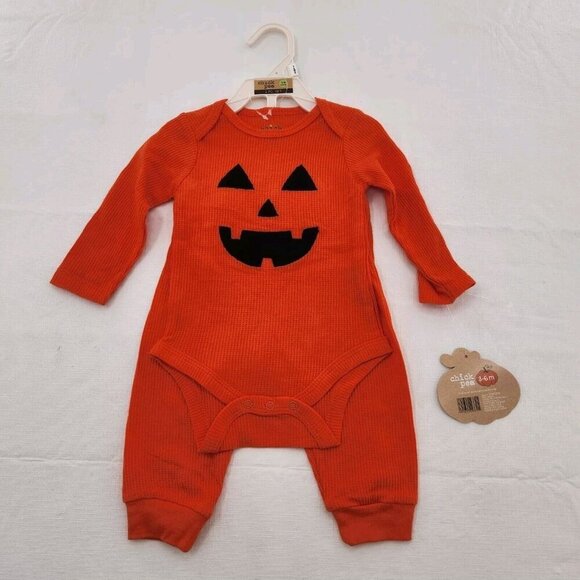 Chick Pea Unisex Size 3/6 Mo Halloween Thermal Orange Pumpkin Outfit Set - Picture 1 of 4